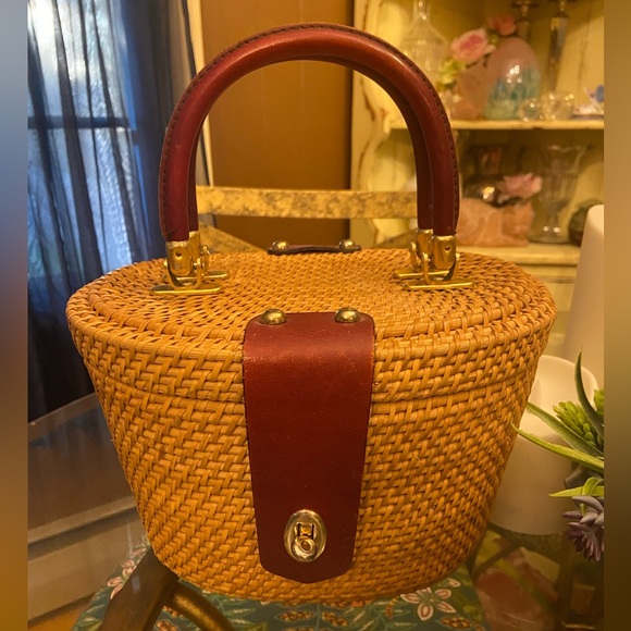 Vintage Mister Ernest Woven Burgundy Leather Wicker Bag Hong Kong - Picture 7 of 8